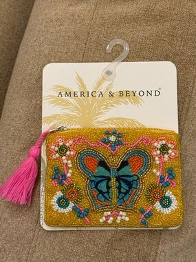 NWT America & Beyond Butterfly Floral Flowers Beaded Coin Purse Pouch